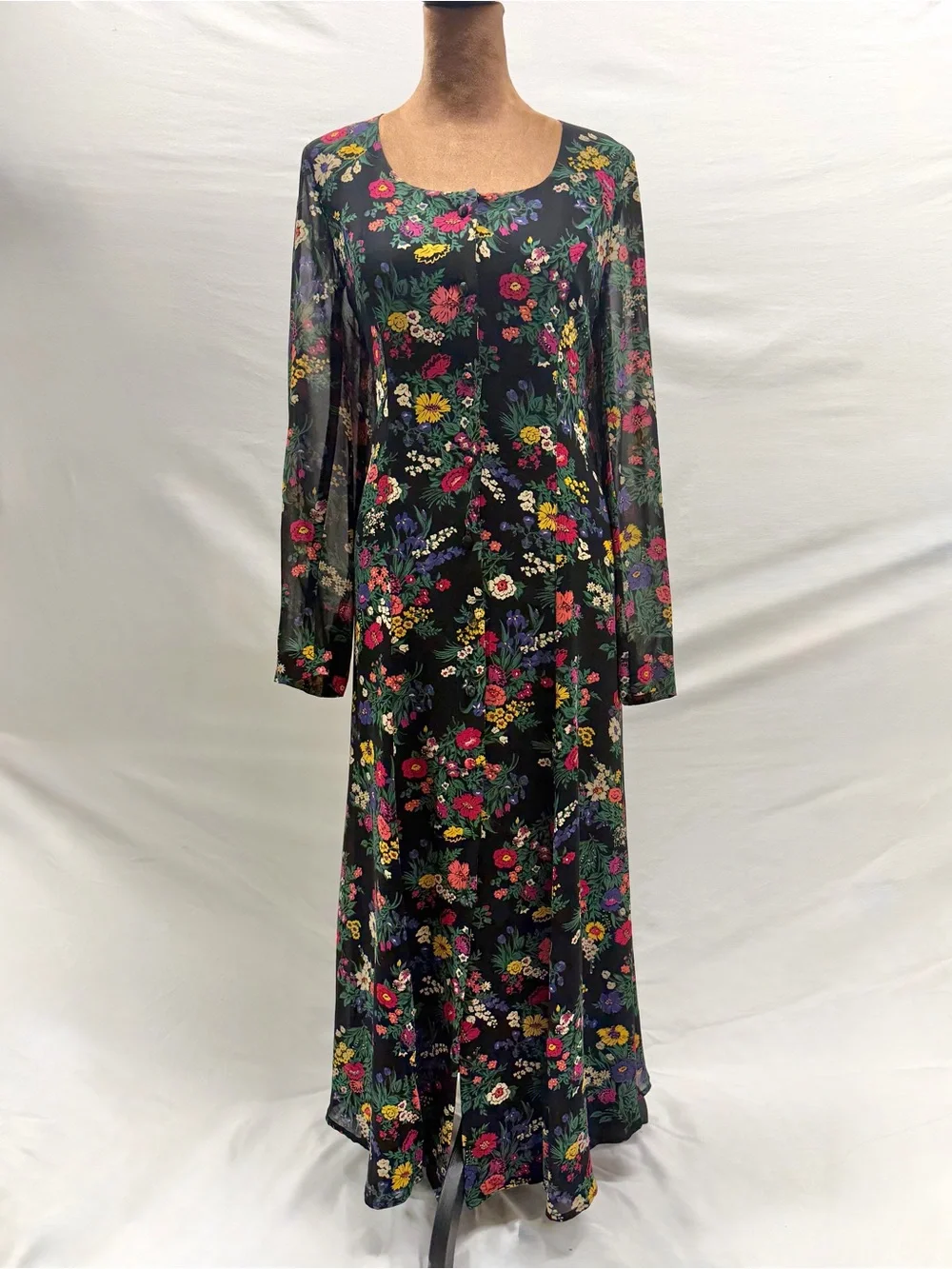 Vintage 90s Liz Claiborne Black Floral Maxi Dress Cottagecore Corset Back Sz 8